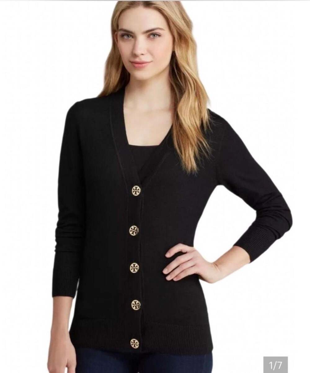 Tory Burch Simone V-Neck Merino Wool Cardigan with Logo Buttons